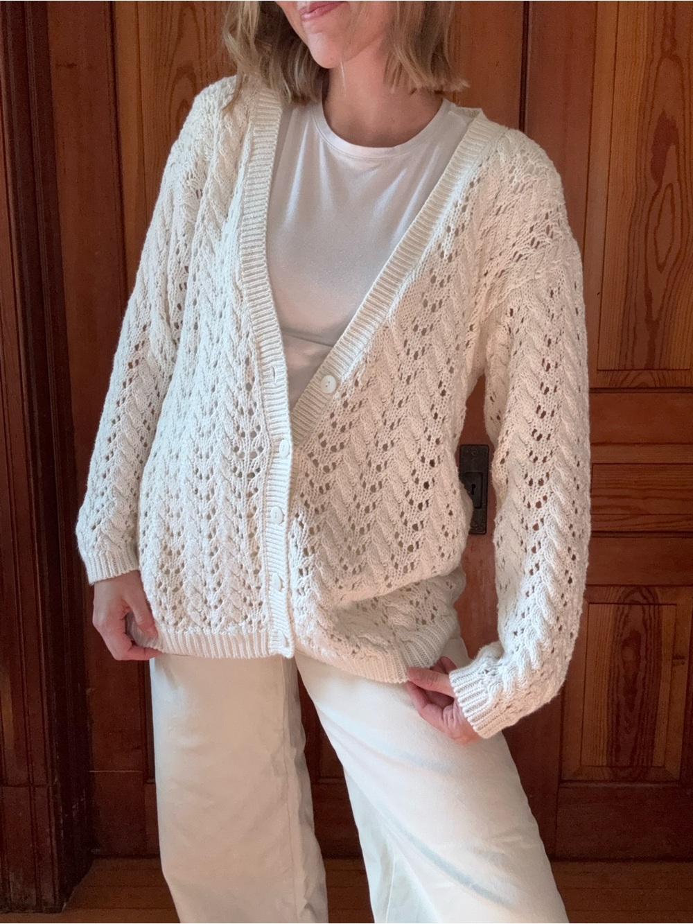 Cream Open-Knit V-Neck Cardigan Sweater - Women